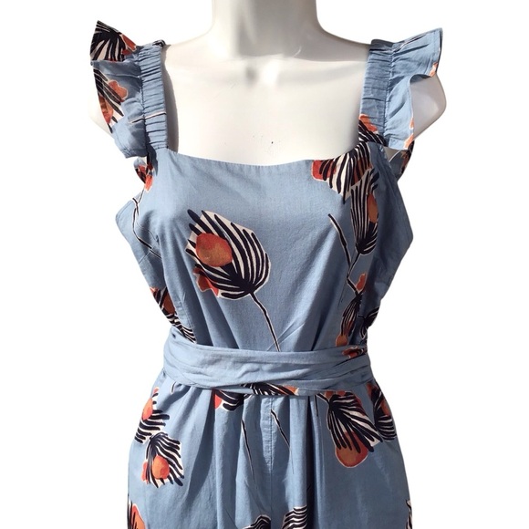 Anthropologie Bel Kazen Blue Floral Wide Leg Ruffle Sleeve Open Back Jumpsuit - Picture 7 of 9
